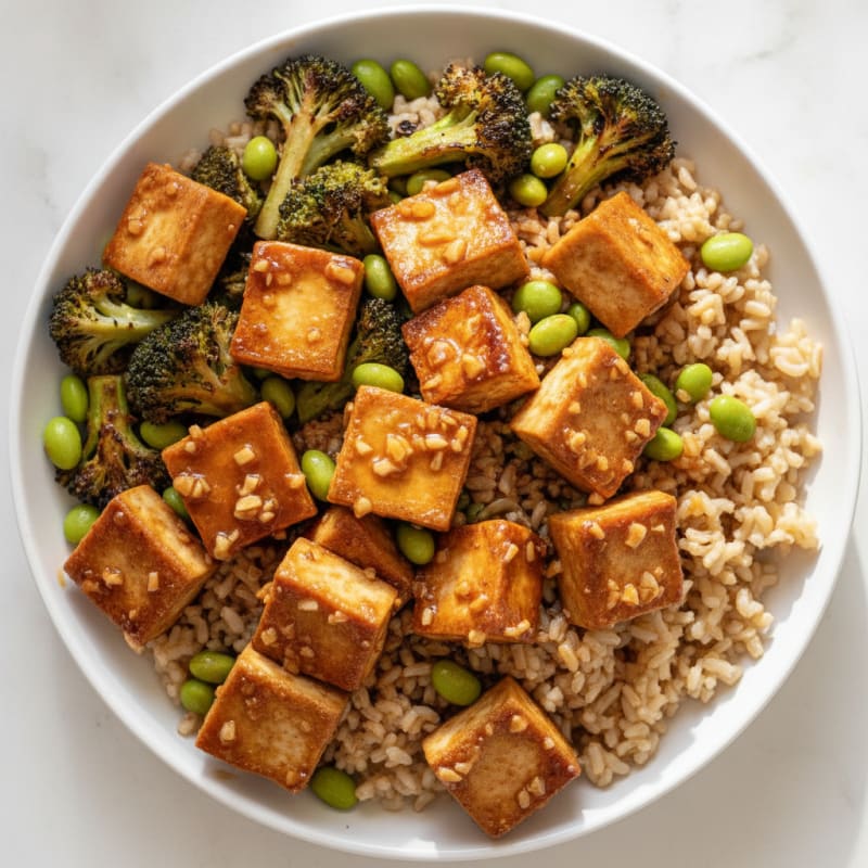 Seared Soy-Ginger Tofu with Roasted Broccoli and Brown Rice