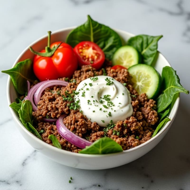 Lean Ground Beef and Crisp Veggie Bowl with Creamy Tangy Dressing