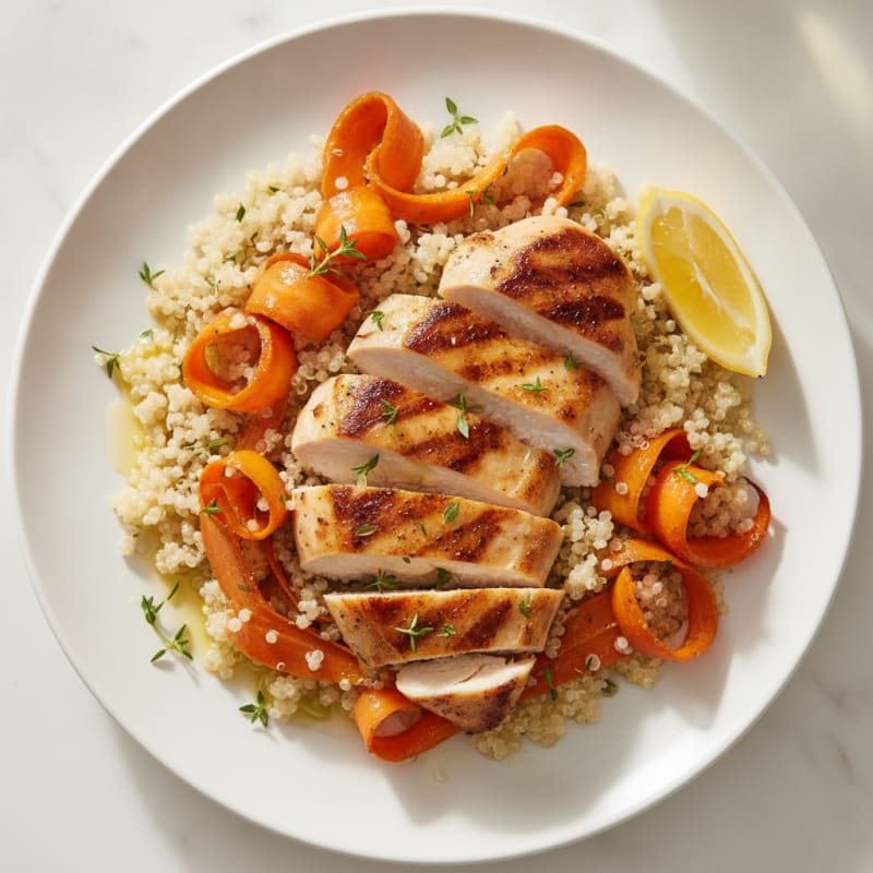 Seared Chicken Breast with Roasted Carrot Ribbons and Quinoa