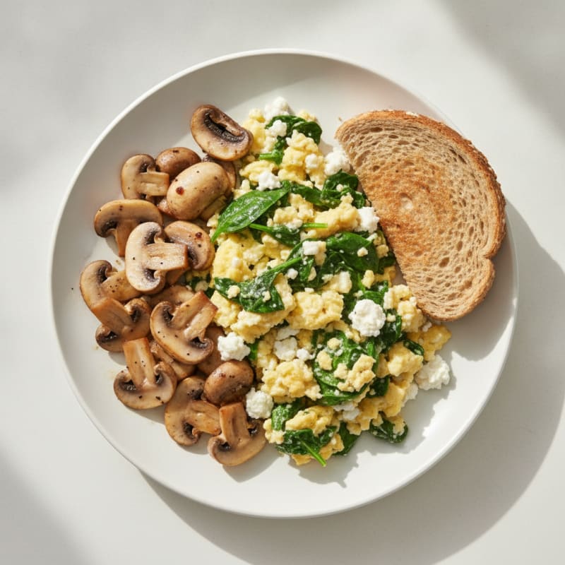 Cottage Cheese and Spinach Egg Scramble with Sautéed Mushrooms