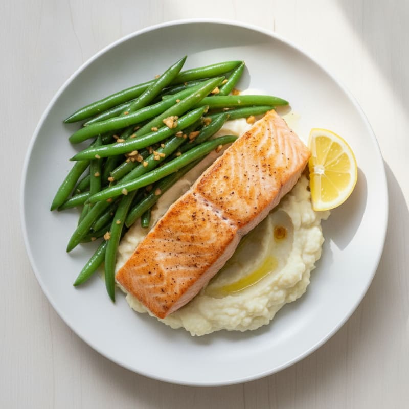 Seared Salmon with Garlic Green Beans and Cauliflower Mash