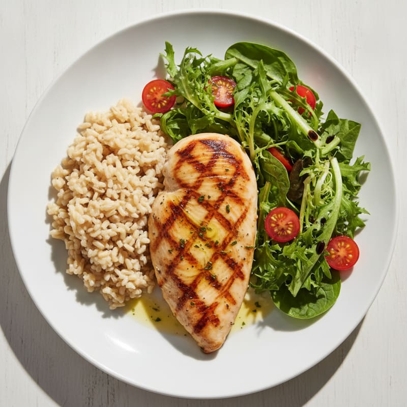 Grilled Chicken Breast with Brown Rice and Mixed Greens Salad