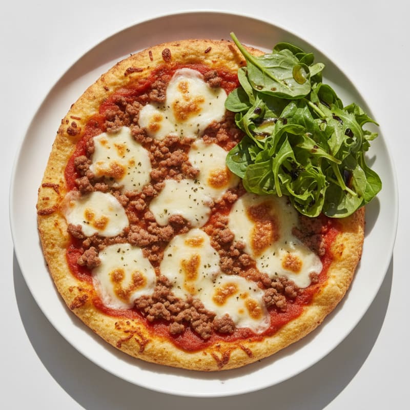 Lean Beef Pizza with Cauliflower Crust and Mixed Greens