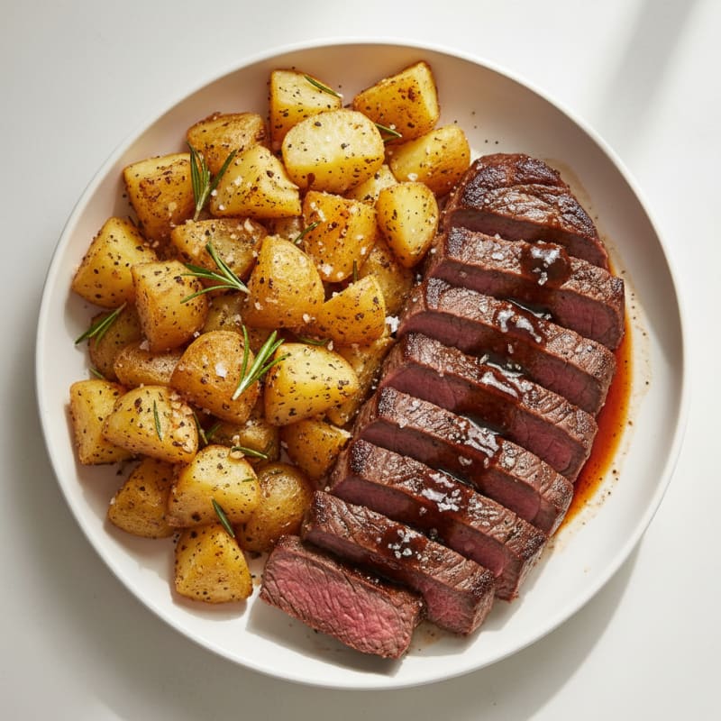 Crispy Roasted Garlic Herb Potatoes with Tender Steak