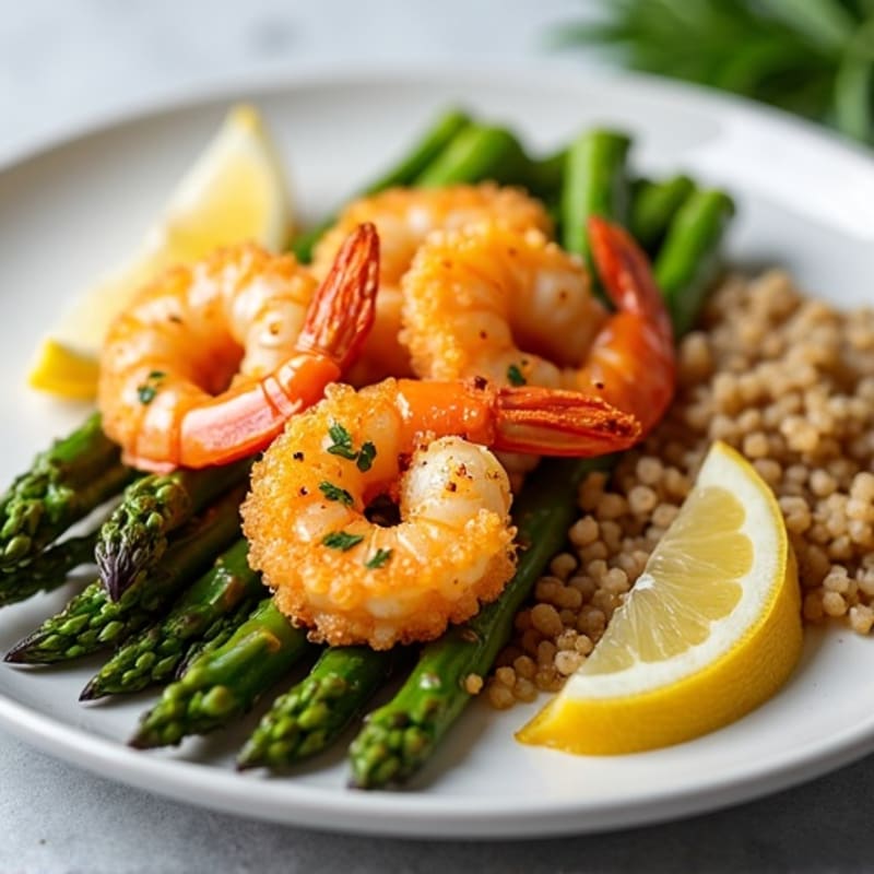 Crispy Lemon Garlic Prawns with Roasted Asparagus and Quinoa
