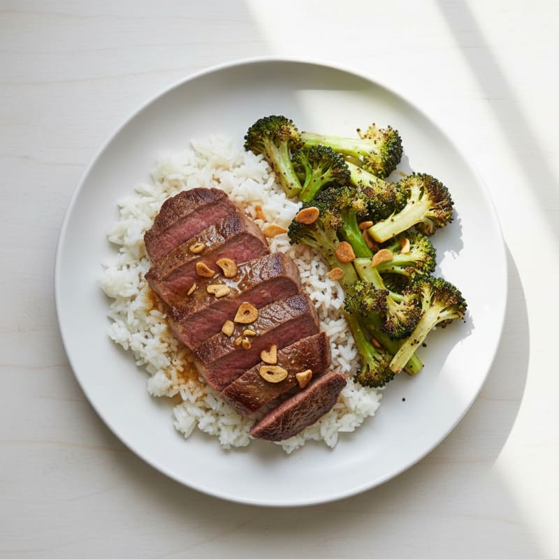 Seared Lean Beef with Steamed Rice and Roasted Broccoli