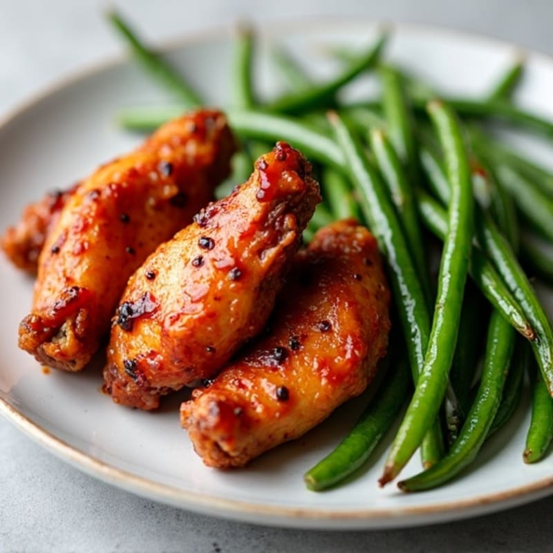 Crispy Roasted Spicy BBQ Chicken Wings with Roasted Green Beans