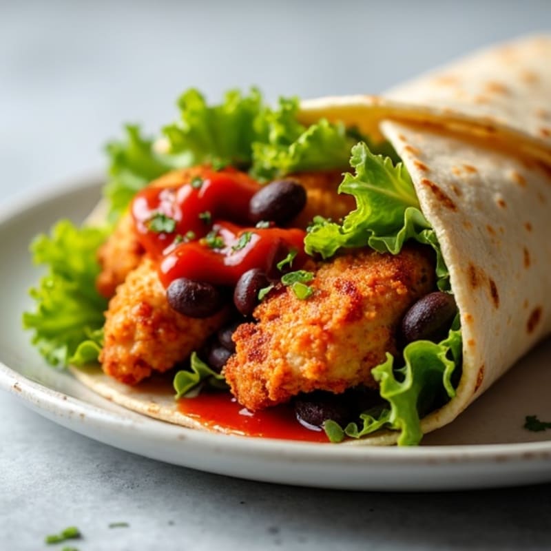 Crispy Baked Chicken and Black Bean Wraps with Smoky Red Sauce