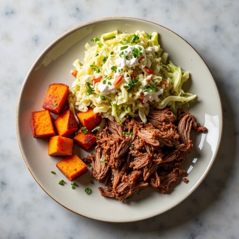 Slow Cooked Pulled Pork with Crispy Slaw and Roasted Sweet Potatoes