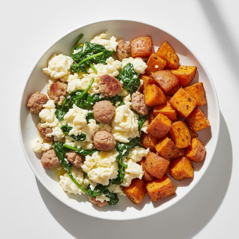 Egg White Spinach Scramble with Turkey Sausage and Roasted Sweet Potatoes