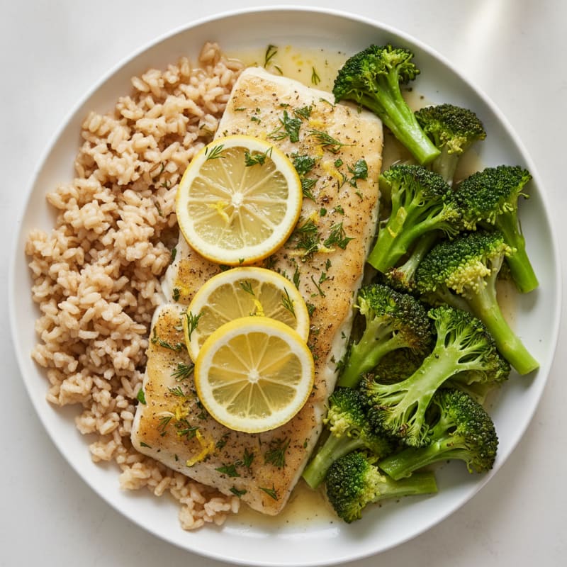 Lemon Herb Baked Cod with Steamed Brown Rice and Broccoli