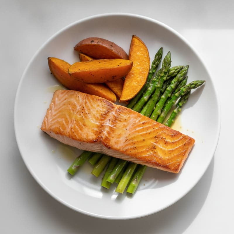 Seared Salmon with Roasted Sweet Potato and Asparagus
