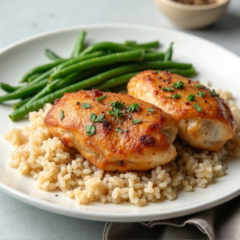 Oven-Baked Chicken Thighs with Brown Rice and Steamed Green Beans