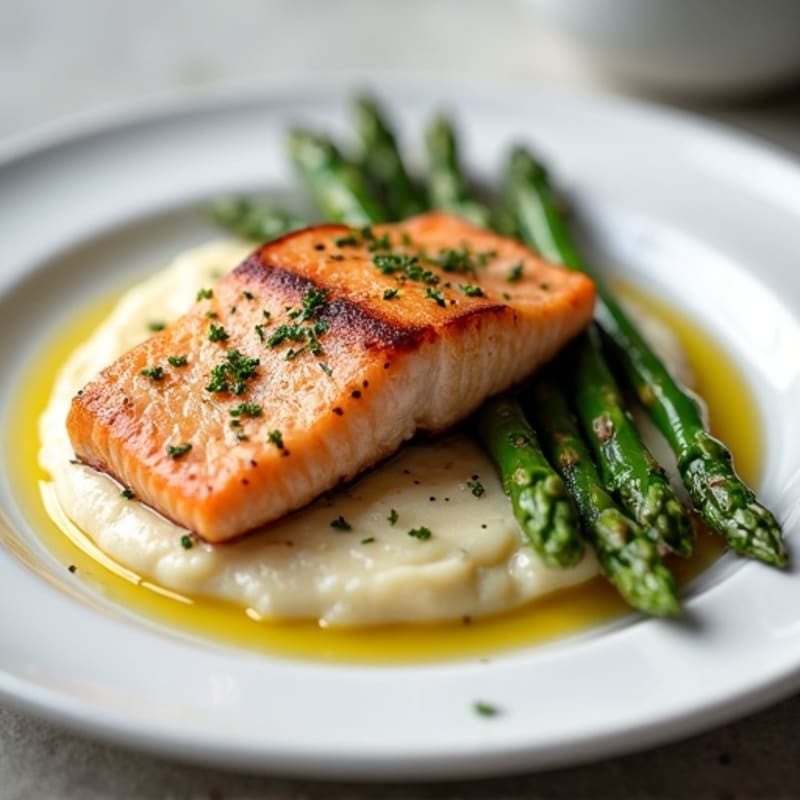 Seared Salmon Fillet with Roasted Asparagus and Cauliflower Mash