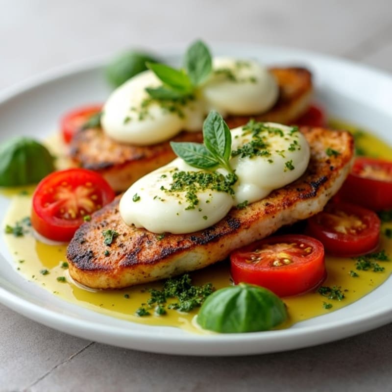 Pan-Seared Chicken with Fresh Tomatoes, Creamy Mozzarella, and Basil Pesto