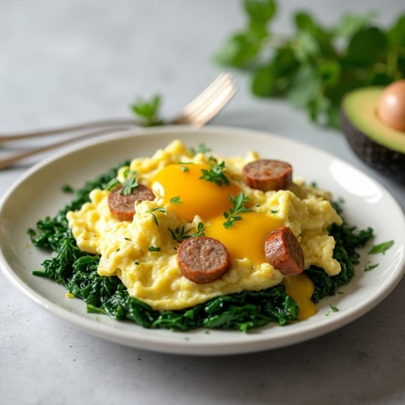 Egg White and Turkey Sausage Scramble with Sautéed Spinach