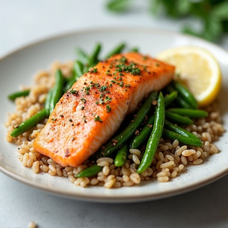Seared Salmon with Garlic Green Beans and Brown Rice