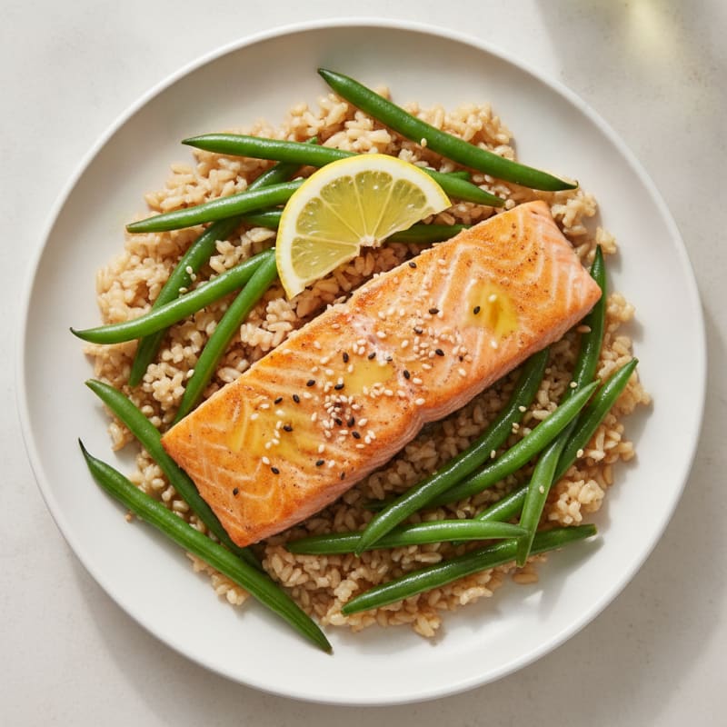Seared Salmon Fillet with Steamed Green Beans and Brown Rice