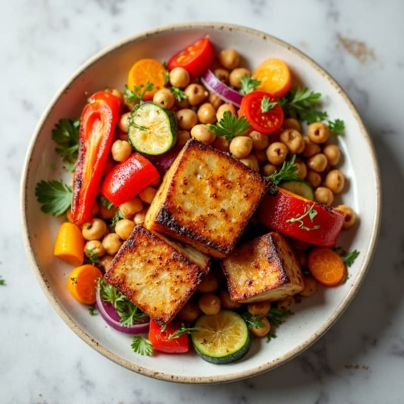 Crispy Sheet Pan Tofu with Roasted Rainbow Vegetables