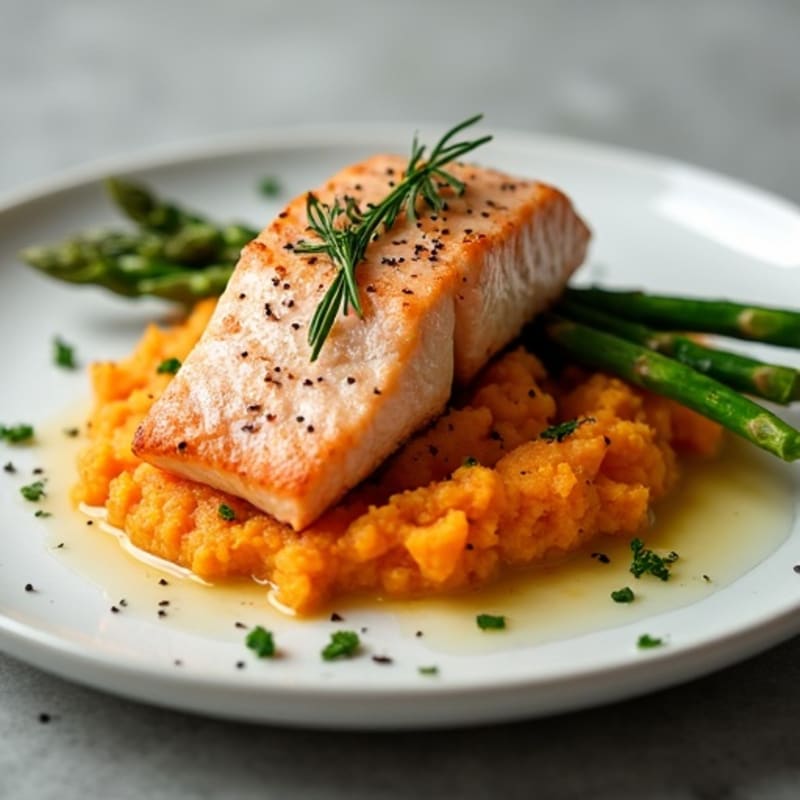 Seared Salmon with Roasted Asparagus and Sweet Potato Mash