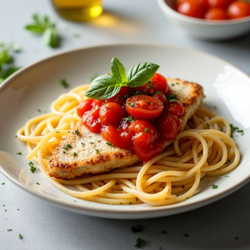Tender Italian Herb Chicken with Garlic Tomato Sauce over Spaghetti