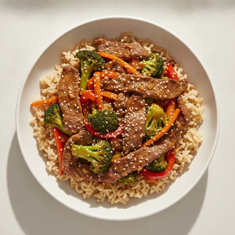 Seared Lean Beef Stir-Fry with Mixed Vegetables and Brown Rice