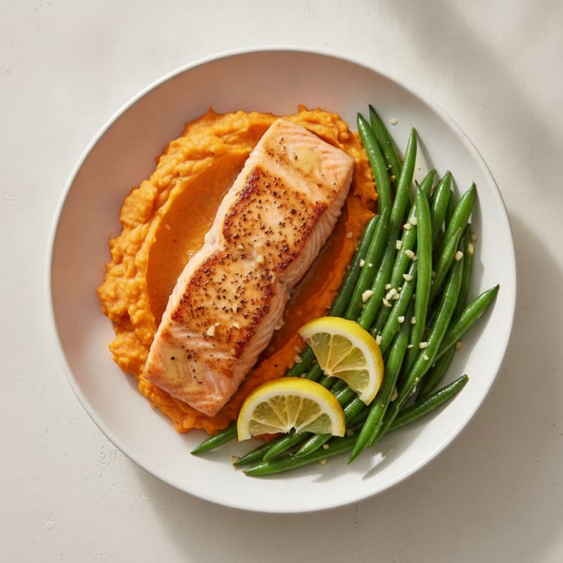 Seared Salmon with Garlic Green Beans and Sweet Potato Mash