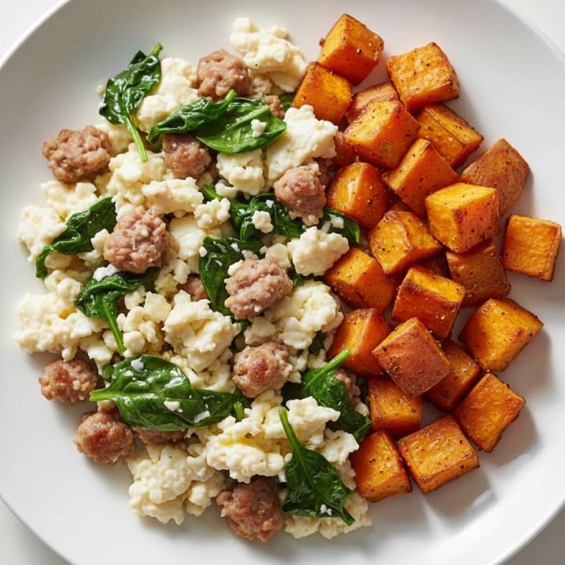 Egg White and Turkey Sausage Scramble with Spinach and Roasted Sweet Potatoes