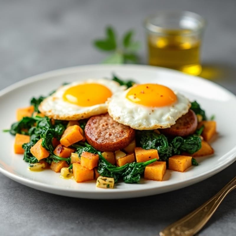 Egg White and Turkey Sausage Scramble with Spinach and Roasted Sweet Potato