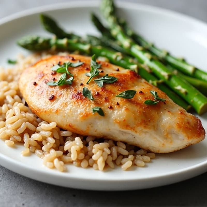 Seared Chicken Breast with Herbed Brown Rice and Steamed Asparagus
