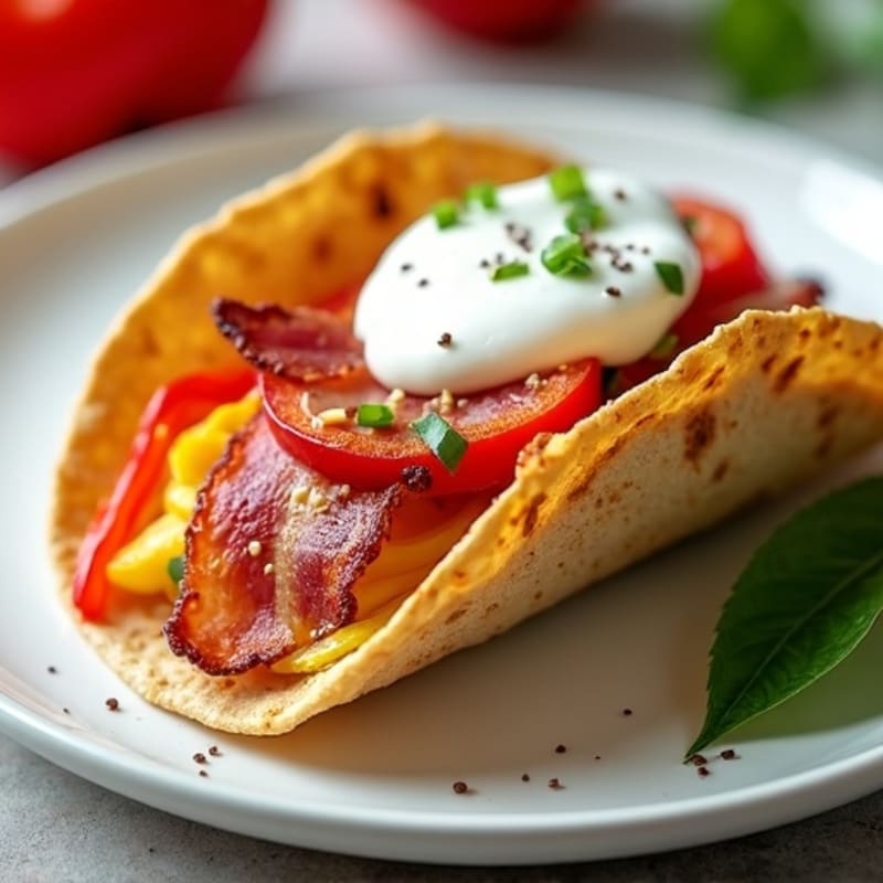 Crispy Egg and Bacon Breakfast Tacos with Peppers and Greek Yogurt