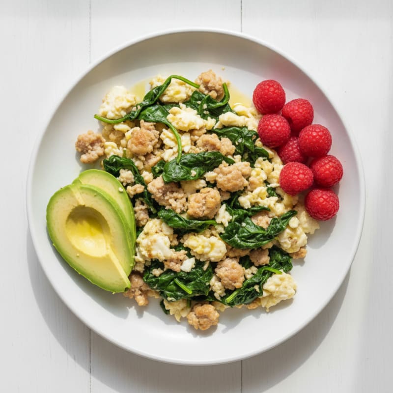 Egg White Scramble with Turkey Sausage and Sautéed Spinach
