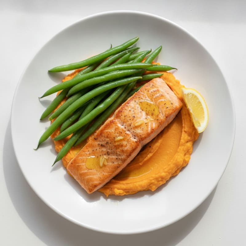 Seared Salmon with Steamed Green Beans and Sweet Potato Mash