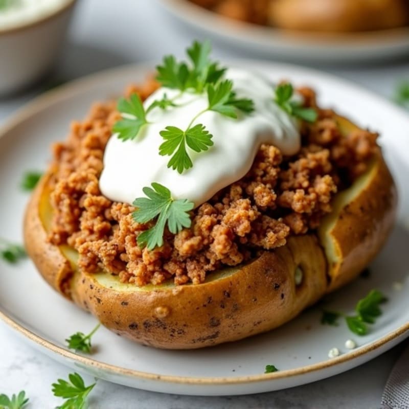 Crispy Baked Potato with Lean Ground Turkey, Creamy Greek Yogurt, and Fresh Herbs