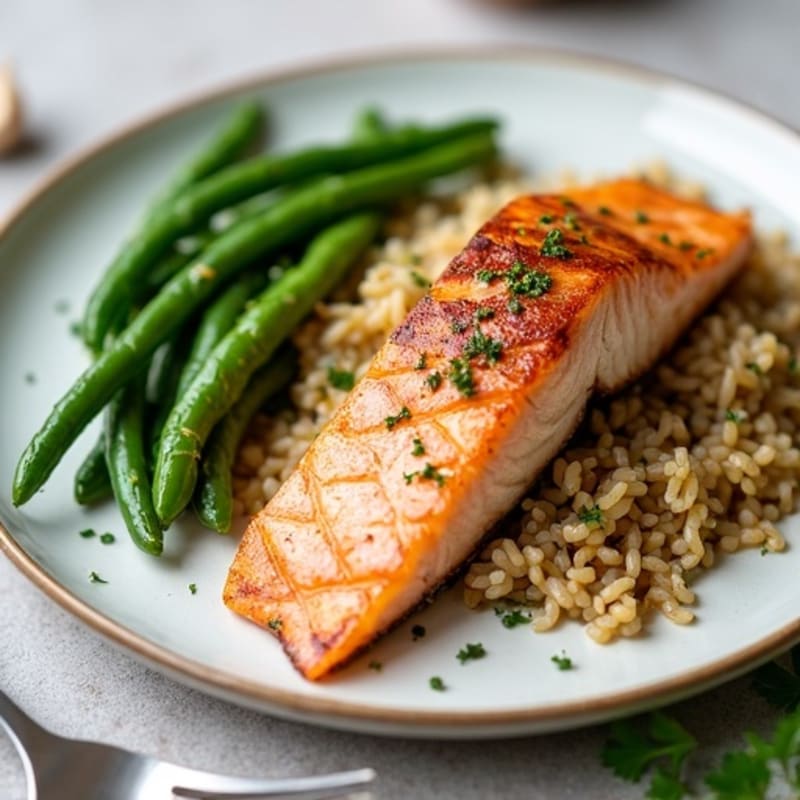 Seared Salmon with Garlic Green Beans and Herb Brown Rice