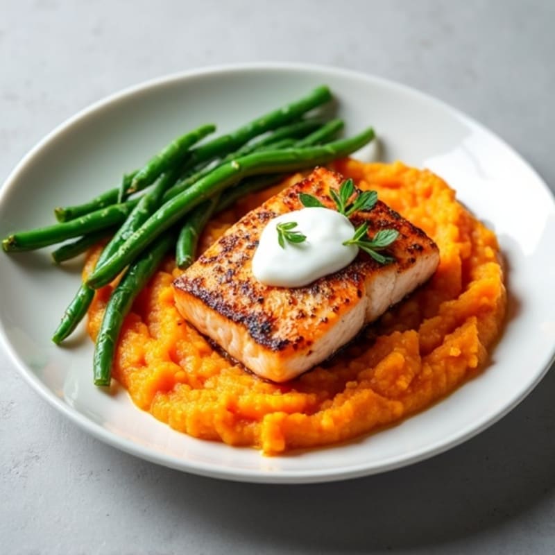 Pan Seared Salmon with Garlic Green Beans and Sweet Potato Mash