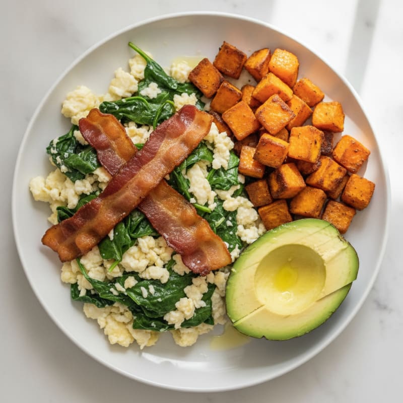 Crispy Turkey Bacon and Egg White Scramble with Sautéed Spinach