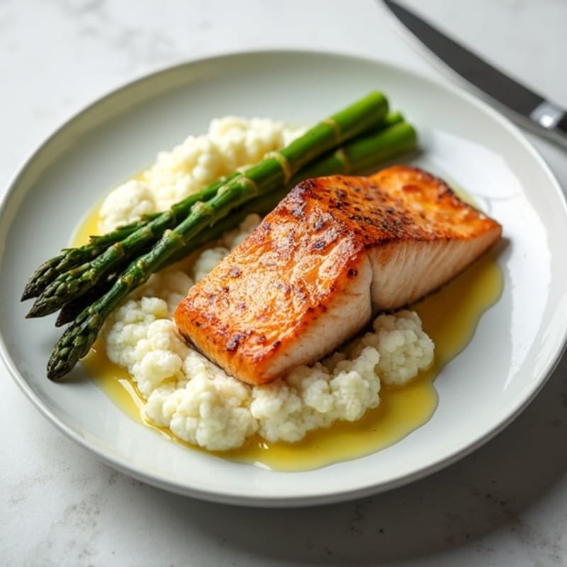 Seared Salmon with Steamed Asparagus and Cauliflower Mash