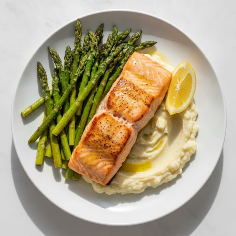 Seared Salmon with Roasted Asparagus and Cauliflower Mash