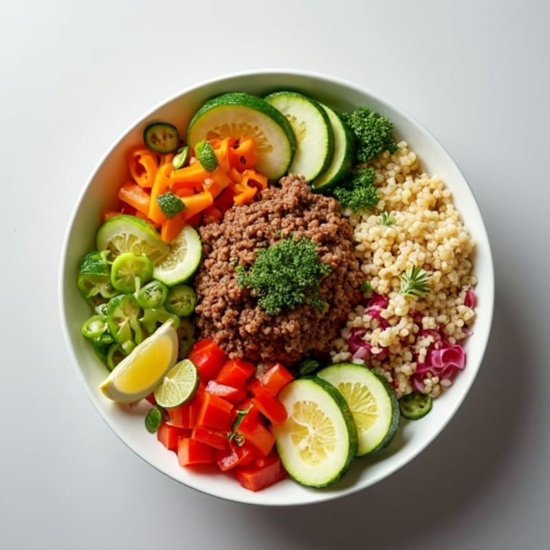 Lean Ground Beef and Crispy Veggie Bowl with Tangy Dill Dressing