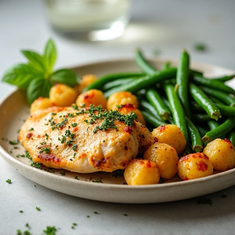 Herb-Roasted Chicken with Crispy Gnocchi and Fresh Pesto Green Beans