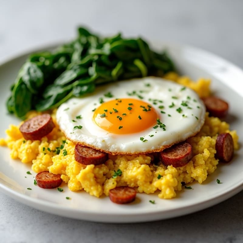 Egg White Scramble with Turkey Sausage and Sautéed Spinach