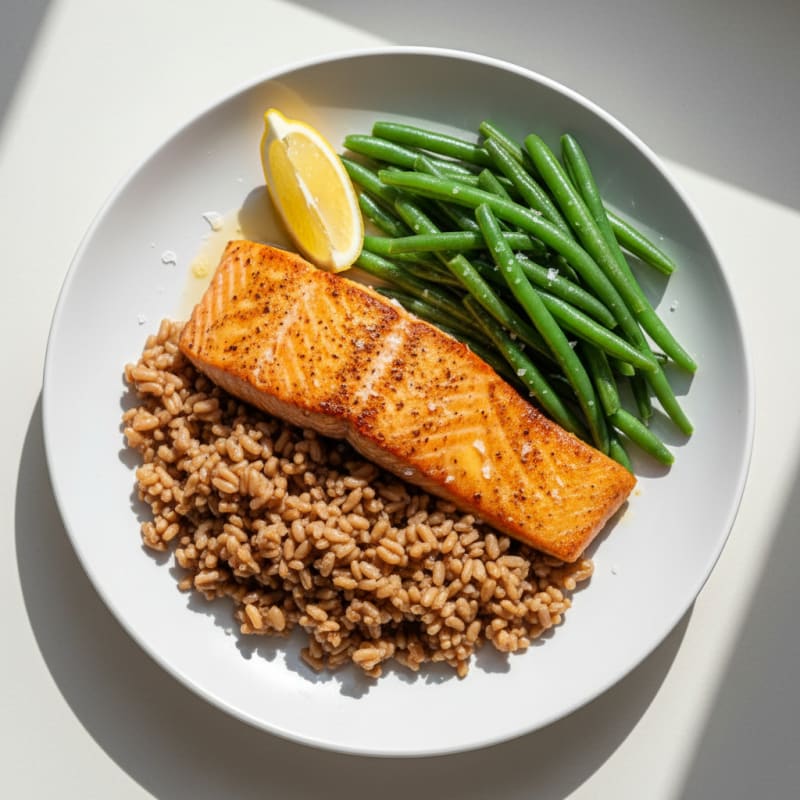 Seared Salmon with Steamed Green Beans and Brown Rice