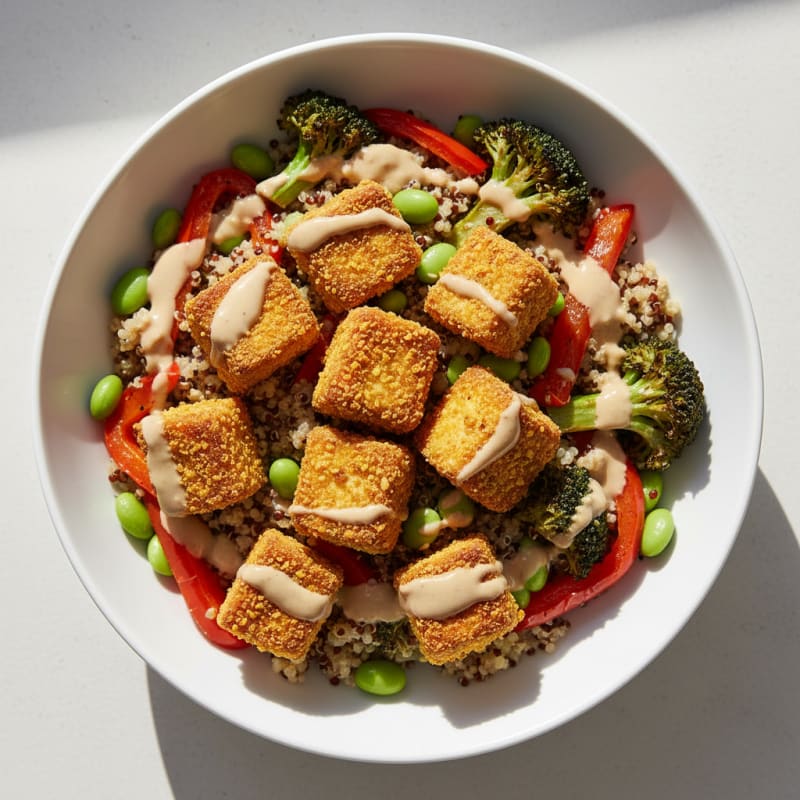 Crispy Tofu Power Bowl with Quinoa and Roasted Vegetables