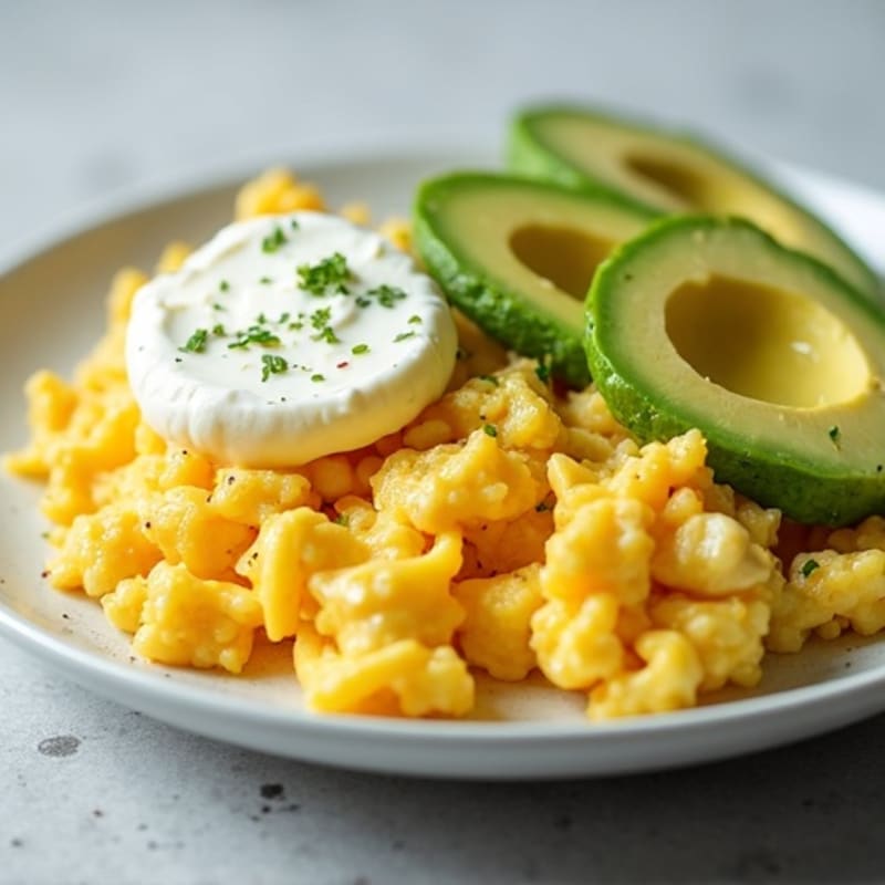 Scrambled Eggs with Cottage Cheese and Sliced Avocado
