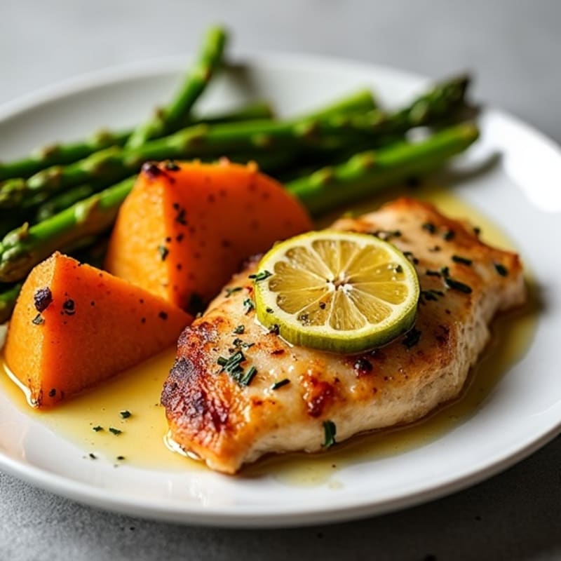 Crispy Lemon-Herb Roasted Chicken with Roasted Asparagus and Sweet Potatoes
