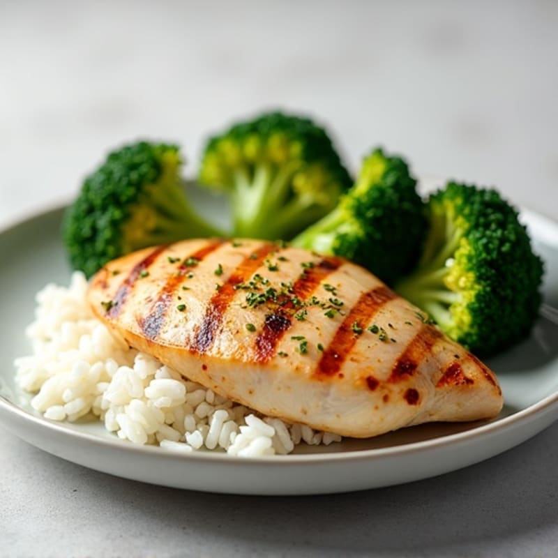 Grilled Chicken Breast with White Rice and Roasted Broccoli