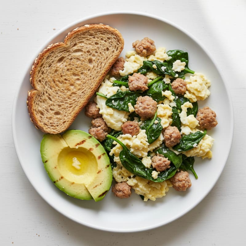 Egg White and Turkey Sausage Scramble with Sautéed Spinach