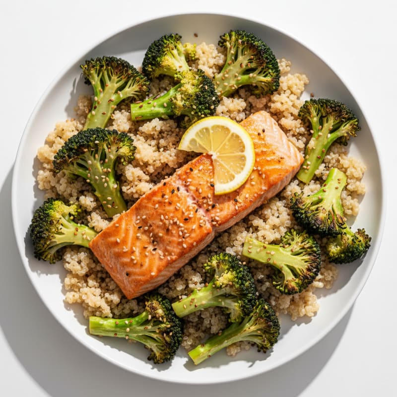 Seared Salmon with Roasted Broccoli and Quinoa