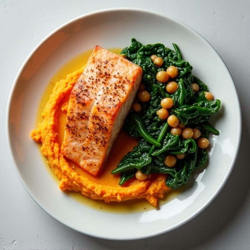Seared Salmon Fillet with Garlic Spinach and Mashed Sweet Potatoes